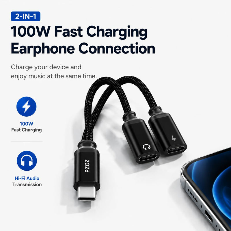 pzoz USB C Headphone Adapter, 100W Audio Charging Splitter for iPhone | 2-in-1 USB-C adapter lets you charge and use wired headphones at the same time, perfect for music, gaming and calls.