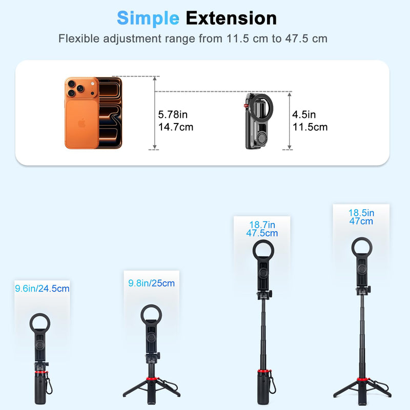 Koolehaoda Magnetic Mini Selfie Stick for MagSafe 4 in 1 Phone Tripod | Extendable Stand with Detachable Phone Clip Wireless Remote Portable Pocket Size for iPhone Android Foldable Compact Travel