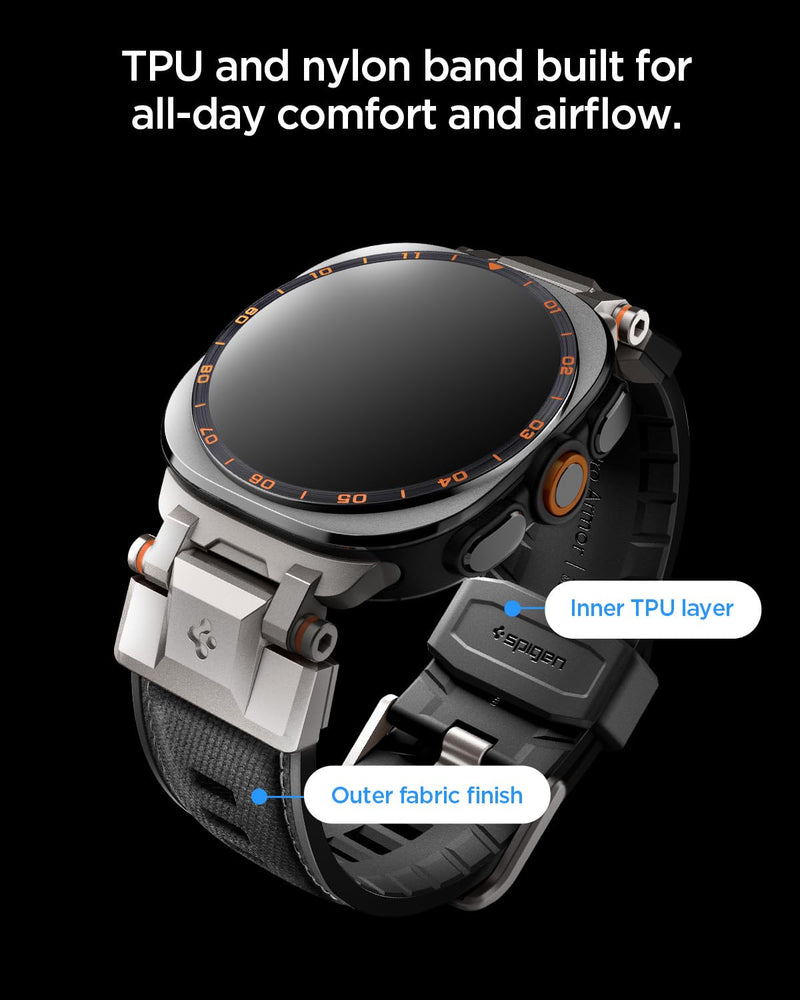 Spigen for Samsung Galaxy Watch Ultra 2/1 Band (2026/2025/2024) | Durable Metal Connector Premium Rugged Adjustable Replacement TPU Nylon Strap - Black
