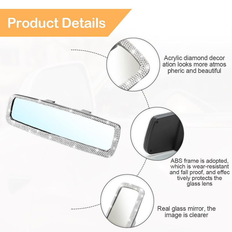 Bling Car Rearview Mirror, Decorations Rear View Mirror with Crystal Rhinestones & Diamonds, Car Interior Trim Accessories, Clip-on & HD Glass, Sparkly Gift for Mother Women Girls (Silver) Silver