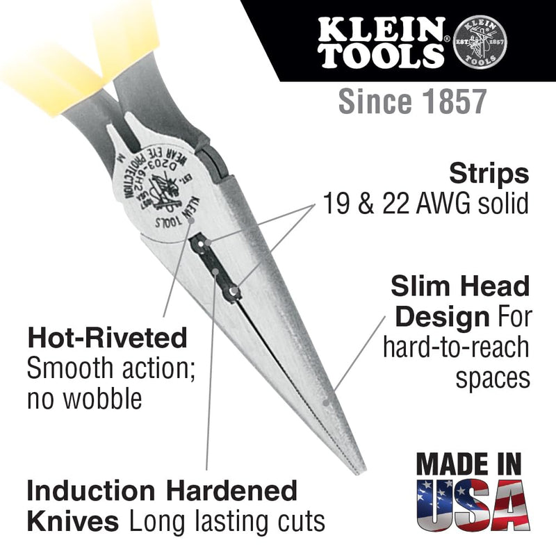 Klein Tools D203-6H2 Long Nose Side-Cutter Stripping Pliers, Induction Hardened and Heavier For Increased Cutting Power, 6-Inch