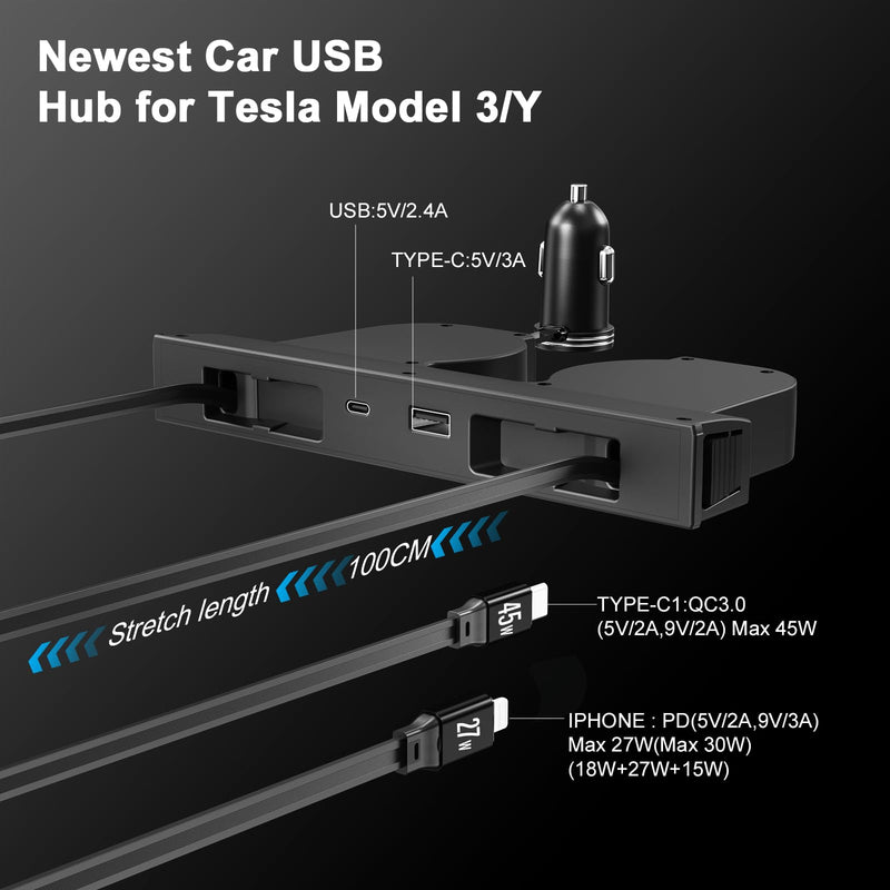 USB HUB for Tesla New Model Y Juniper & Model 3 Highland，Hidden Docking Station Design，Tesla Model 3 (2024 2025 2026)/New Model Y Juniper Accessories for Phone Charger Fast Charging Cables for Model 3 2024 2025（45W）/Model y juniper