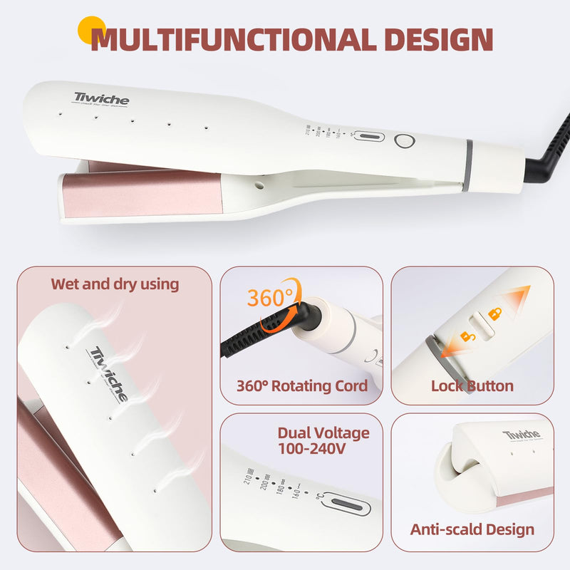 S-Shaped Curling Iron for Beach Waves, 38mm Barrel with Tourmaline Ceramic & Dual Voltage, 30s Fast Heat, 4 Temp Settings (160-210°C), Auto Shut-Off, Wet and Dry Hair Curler (White) White