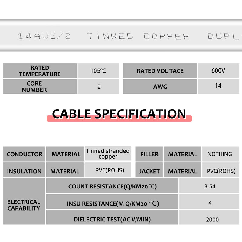 14 Gauge 20ft Marine Wire,2 Core Insulated Duplex Marine Grade Wire Tinned Copper Standard Electrical Wire Outdoor for Boat/Maine/Automotive/RV/Camper/Trailer 14 Gauge