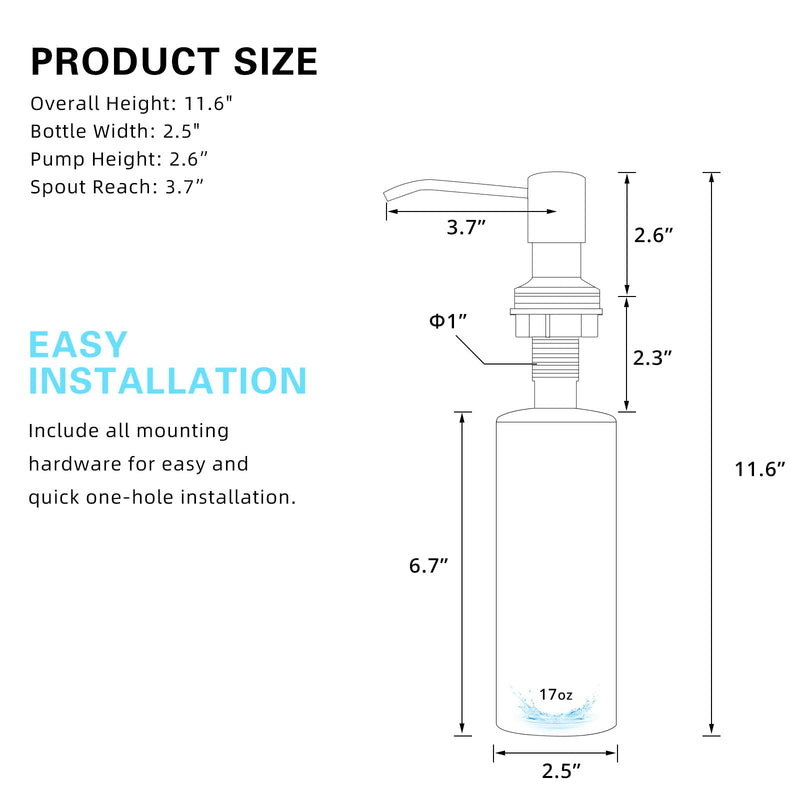 Fapully Built in Soap Dispenser,Stainless Steel 17OZ Dsih Soap Dispenser or Lotion for Kitchen Sink Matte Black