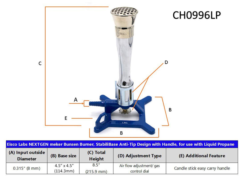 EISCO Meker Bunsen Burner, LPG - Gas Flow Control, Flame Stabilizer, Air Flow Adjustable - Cast Iron StabiliBase, Anti-Tip Design with Handle - Suitable for use with LPG/Butane Gas