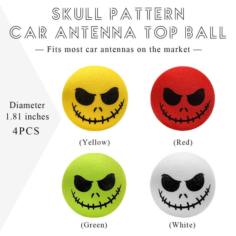 4 PCS Car Antenna Toppers, Skull Spooky Smile EVA Doll Auto Antenna Ball, Halloween Skull Smile Face Anti-Collision Antenna Topper for Most Vehicles, Car Accessories