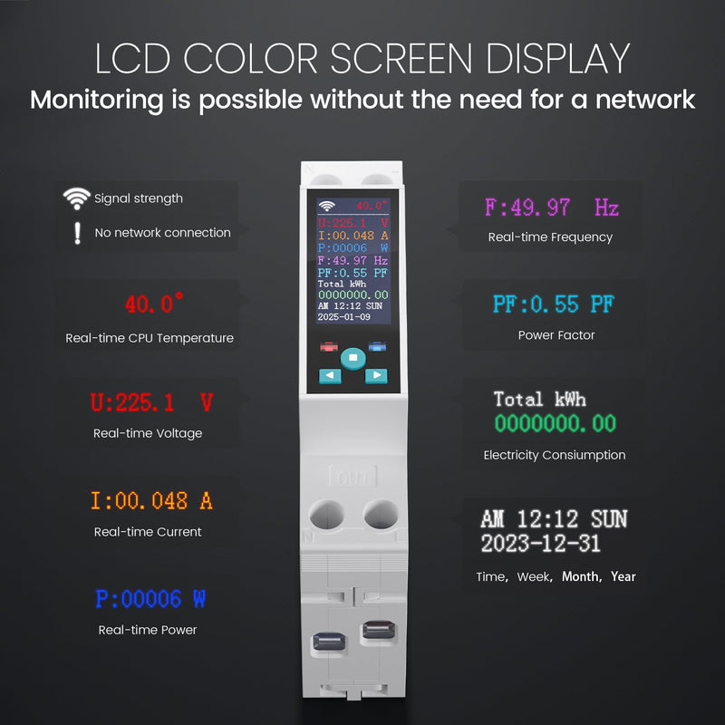 TONGOU Smart Wifi Switch, 1P+N AC90-240V 1-50A, Smart Life/Tuya APP Remote Control, with Power Monitoring, Export/Clear Power Data, DIN Rail Mounted, with LCD Display, Recloser Function, FCC Certified