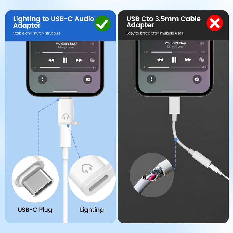 Lightning to USB-C Adapter Audio for Headphones, 2 Pack USB-C Male to Lightning Female Earbuds Adapter with Mic & Line Control, No Charging/Data, Compatible with iPhone 15/16/17, iPad, USB-C Devices
