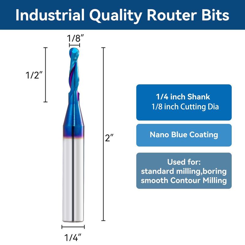 2 PCS CNC Router Bits 1/4inch Shank 1/8inch Cutting Dia Carbide Ball Nose End Mill with Nano Blue Coating for Side Milling End Milling, Finish Machining (1/8"x1/4"x2")… 1/4"Shank-1/8"Cut Dia-2"OAL(2 pcs)