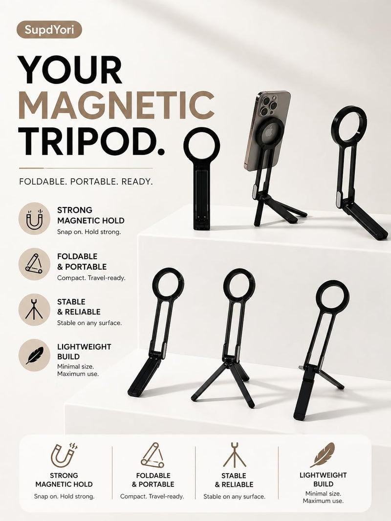 Mini Pocket Magnetic Phone Tripod – Aluminium Foldable Stand with Strong Magnet, Maglock Smartphone Tripod Compatible with iPhone 17 16 15 14 13 12 Series, Black