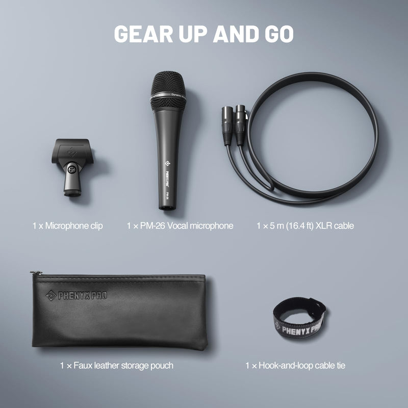 Phenyx Pro Vocal Microphone, Supercardioid Dynamic Mic with 16.4 ft XLR Cable, Mic Clip, Storage Bag, Wired Handheld Microphone for Singing, Stage, Studio, Karaoke (PM-26)