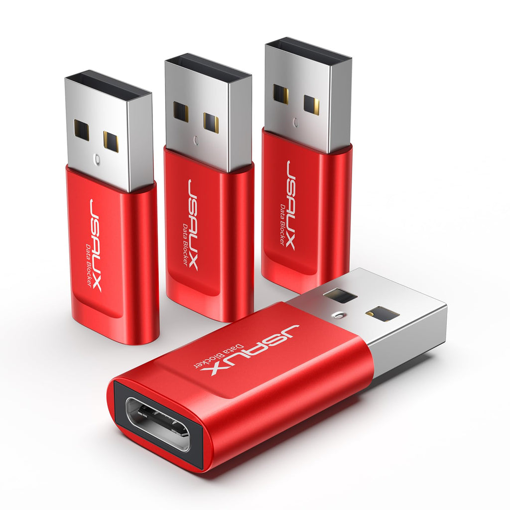 JSAUX USB-C Data Blocker, (4-Pack) USB-A to USB-C Female Defender Only for Quick Charge, Protect Against Juice Jacking, Refuse Hacking Provide Safe Charging- Red Red 4-Pack