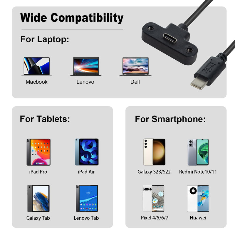 Duttek 90 Degree USB C Extension Cable Short 1FT, Right Angle USB C Female to Male Adapter Cable, Type C Panel Mount for Laptop, Tablet and Mobile Phones 1Pack