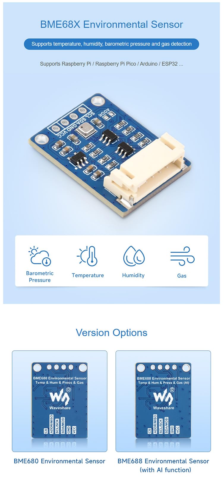 BME688 Environmental Sensor for Raspberry Pi/Raspberry Pi Pico/Arduino/ESP32, Supports Temperature/Humidity/Barometric Pressure/VOC Gas Detection/AI Function, I2C and SPI with AI Function