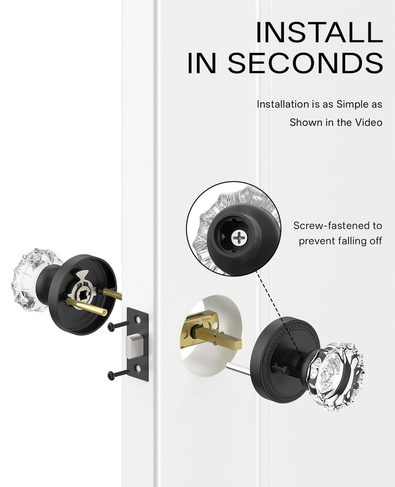Asidrama 1 Pack Passage Black Crystal Door Knob with Lock, Matte Black Glass Door Knobs Interior for Bedroom or Bathroom, Heavy Duty for Left Right Sided Doors