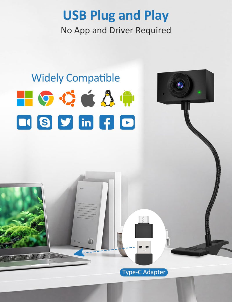 Webcam with Stand, 2K Webcam for PC with Microphone, HD Laptop Web Camera | Wide Angle Webcam With FOV 95°, USB Plug & Play, Manual Focus, Zoom Computer Webcam for Online Teaching, Video Calls Black