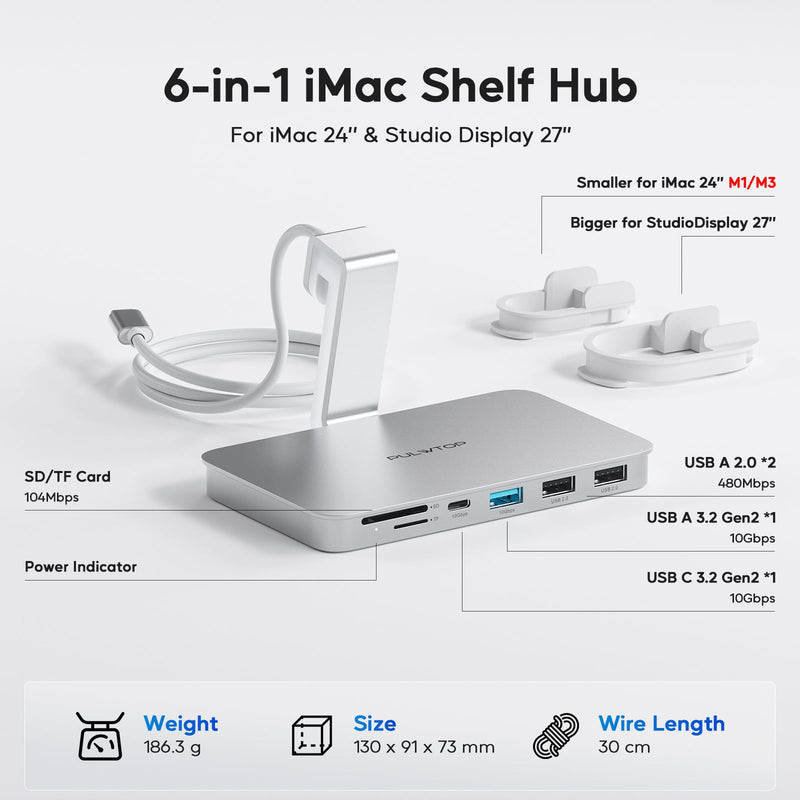 iMac Accessories for iMac 2021/2023, PULWTOP USB C Hub for iMac with USB A/C 10Gbps, iMac Hub for M1/M3, 2 USB A 2.0, SD/TF Card Reader for iMac 24 inch & Studio Display 2 6-in-1 Sliver USB C Hub for iMac