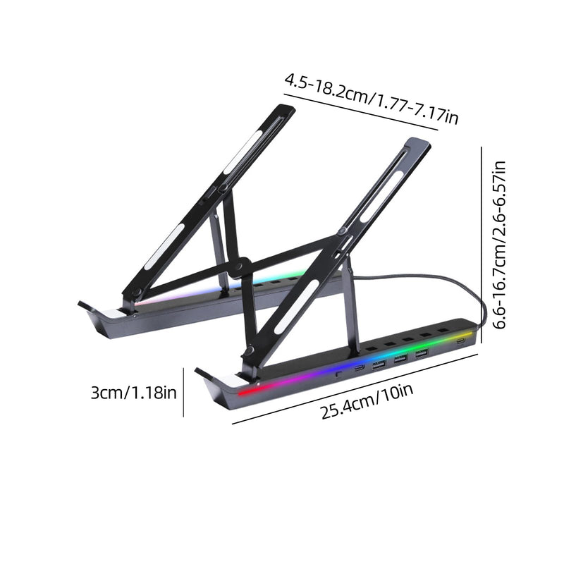 Adjustable Laptop Stand with USB Hub, Foldable Aluminum Mount for Notebook or Tablet, Black