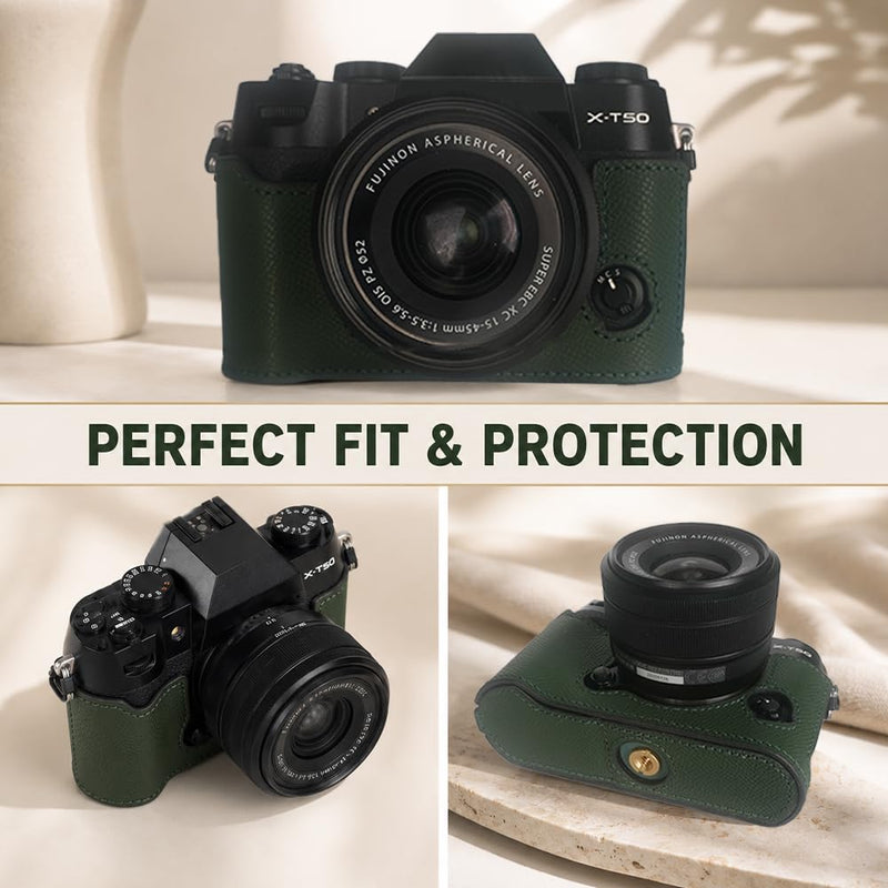 Bowan X-T50 Camera Case, Handmade Genuine Real Leather Half Camera Case Bag Cover for X-T50 Camera Bottom Opening Version + Hand Strap (Green) green