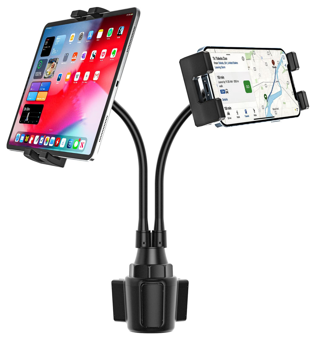 Dual Car Tablet Mount for Cup Holder, Gooseneck Car Cupholder Tablet Holder with Strong Long Arm 10" for 4-12.9" Devices, iPad Pro Air Mini, Galaxy Tabs, Huawei, iPhone, Tablets & Phones