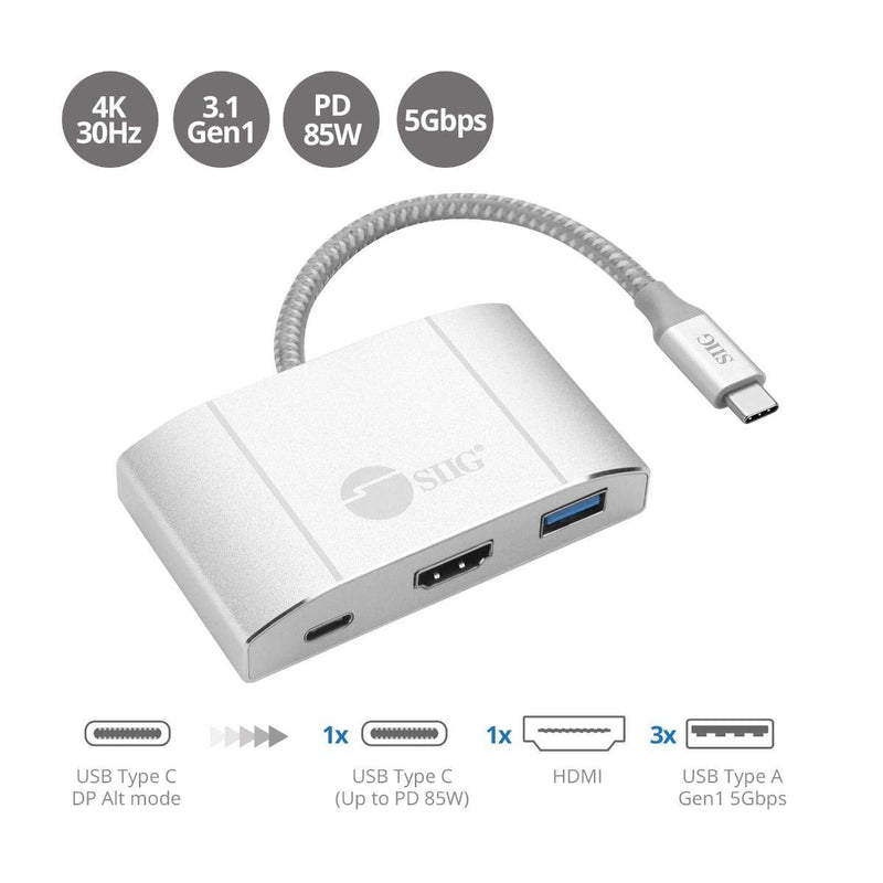 SIIG USB-C Hub with 4K 30hz HDMI, 85W Laptop Charging, and 3X USB 3.1 Gen 1 Type A Ports - 5-in-1 Video Adapter Docking Station - for MacBook Pro, Surface Pro 6/7 and USB-C Laptops (JU-H30612-S2) Type-C to HDMI/85W PD/USB 3.1
