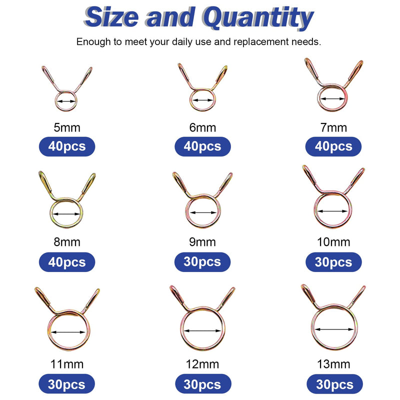 Tnisesm 310Pcs 5-13mm 9 Size Spring Clips Clamps Assortment Kit, Fuel Line Hose Tubing Spring Clips Clamps for Motorcycle Scooter ATV