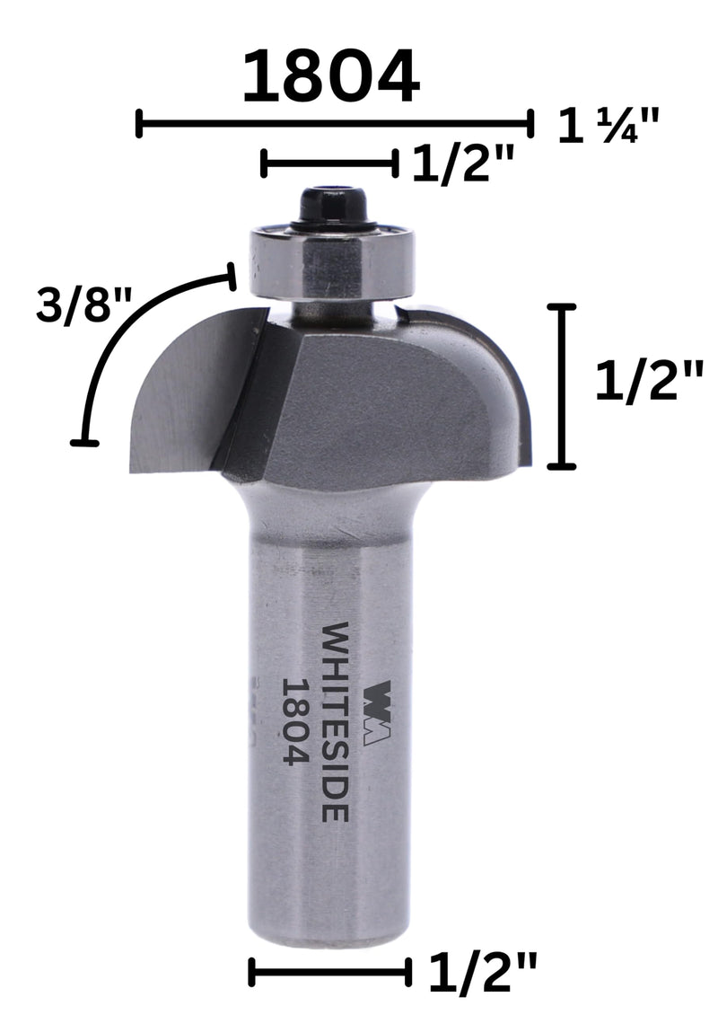 Whiteside 1804 Cove Router Bit: 3/8 Inch Radius, 1-1/4 Inch Large Diameter, 1/2 Inch Shank, 1/2 Inch Cutting Length, B3 Bearing