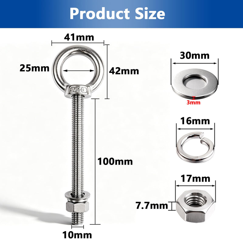 10 Pack M10 x 100mm Threaded Eyebolts with Nuts Washers,Stainless Steel Marine Grade Shoulder Eye Bolt,Eyebolts for DIY, Furniture,Swing, and Outdoor Use (M10 x 100mm)