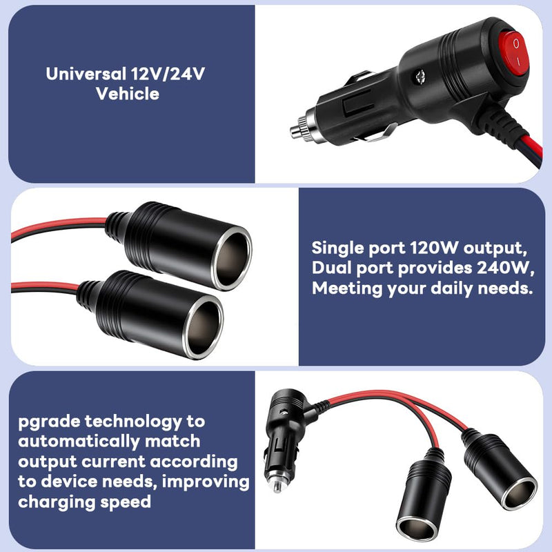Car Cigarette Lighter Splitter, 12v Splitter Adapter for Car,Supports Fast Charging,1 to 2 Car Cigarette Lighter Splitter Power Charger Port, for 12/24 Volt Cars Vehicle,with on Off Switch cigarette lighter adapter 02