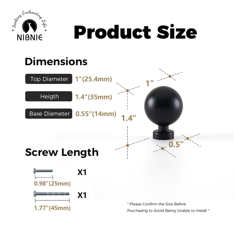 10 Pack 1 Inch Dia Matte Black Kitchen Cabinet Knobs, Classic Vintage Retro Hardware Drawer Pull for Drawer Cupboard Dresser Wardrobe 1 Inch (25.4mm) Dia Ball Knobs 10