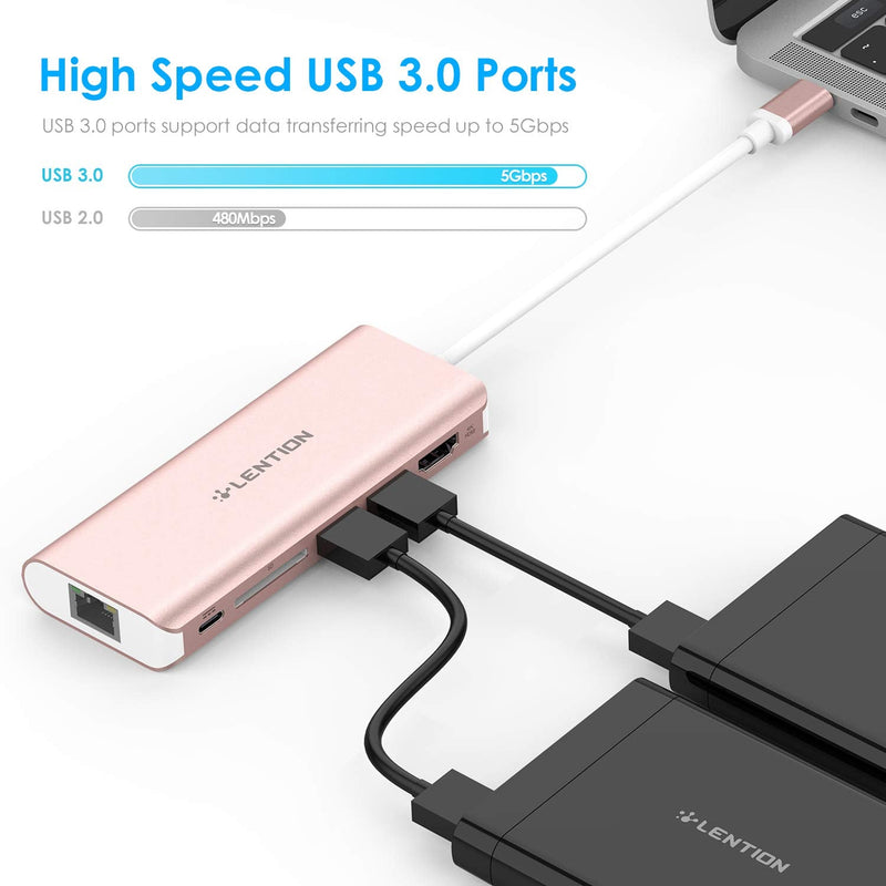 LENTION USB C Hub with 4K HDMI, SD Card Reader, 2 USB 3.0, Type C Charging & Ethernet Compatible 2023-2016 MacBook Pro, New Mac Air/Surface/Steam Deck, More, Stable Driver Adapter (CB-C68, Rose Gold)