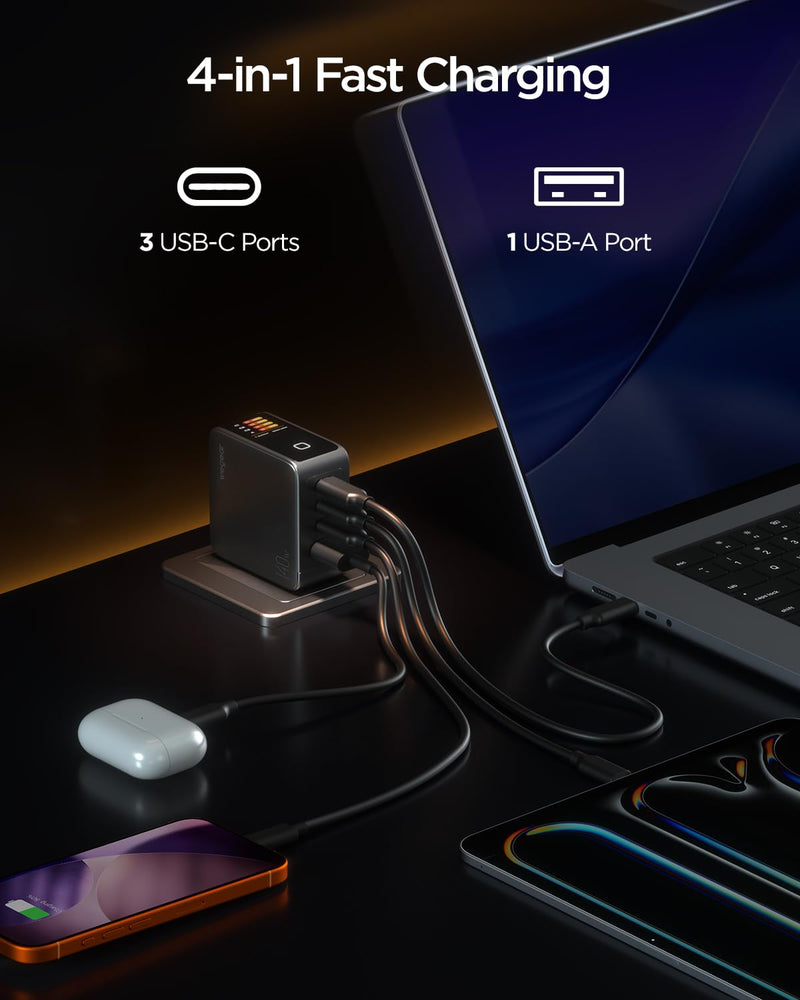 140W GaN USB C Charger Block, 4-Port PD3.1 Fast Wall Charger with Smart Display & Touch Control, Foldable Power Adapter with 240W USB-C Cable for MacBook Pro, iPhone 17/16, iPad, Galaxy S25/S24
