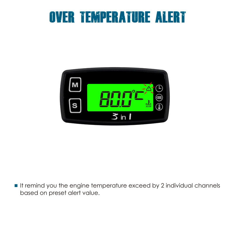 Runleader Digital Engine Temperature Gauge Volt Meter,Programmable Alert Reminder,Clock Display,Backlight Mode Selection for Generator Motorcycle Dirtbike ATV Outboard Motor Marine Snowmobile