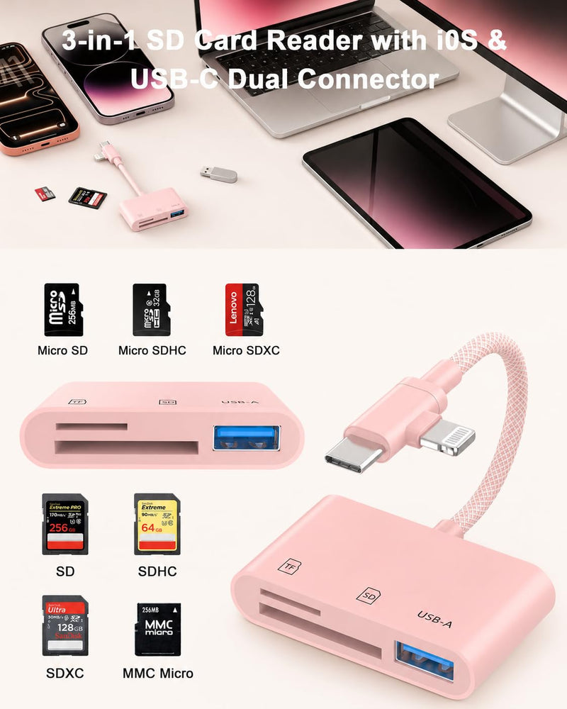 Pink 3 in 1 SD Card Adapter for iPhone, USB-C & Lightning, SD/TF/USB-A | Plug & Play, No App Needed; USB 3.0 High-Speed Reader With Braided Cable For SD/TF/USB-A Fast Photo Transfer Pink