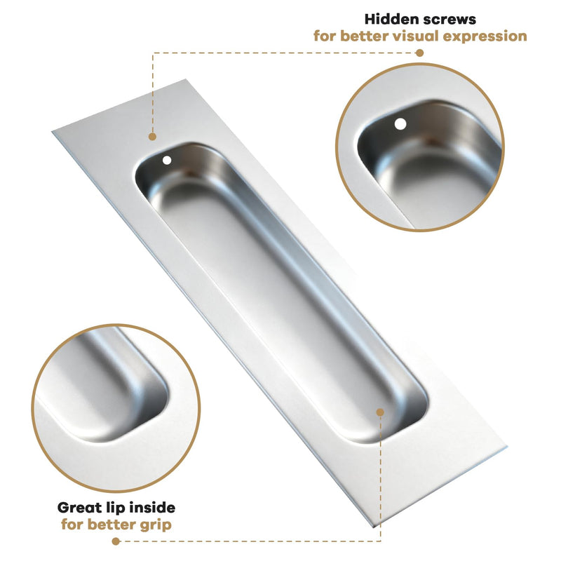Lethato Brushed Silver Pocket Door Hardware Set, 6 Recessed Flush Finger Pull 3 Edge Pull, Stainless Steel Pocket Door Pull Rectangular Barn Door Hardware Door Handle - 3 Pack 3 Sets with Pull - Brushed Silver