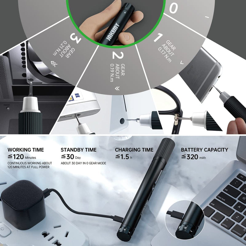 JAKEMY Cordless Electric Screwdriver,Upgraded 3 Gear Adjustable Torque Screwdriver kit Magnetic Precision Power with LED light USB Rechargeable Portable Laptop Repair Tool Kit, (JM-E21B) Jm-e21b