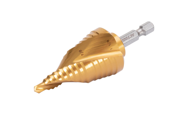 Industrial HSS Step Drill bit 7/8''-1-1/8'' with 1/4'' Hex Shank, Unibit Double Spiral Flute with TiN Coating for Metal, Stainless Steel, Aluminum, Plastic 7/8''-1-1/8''