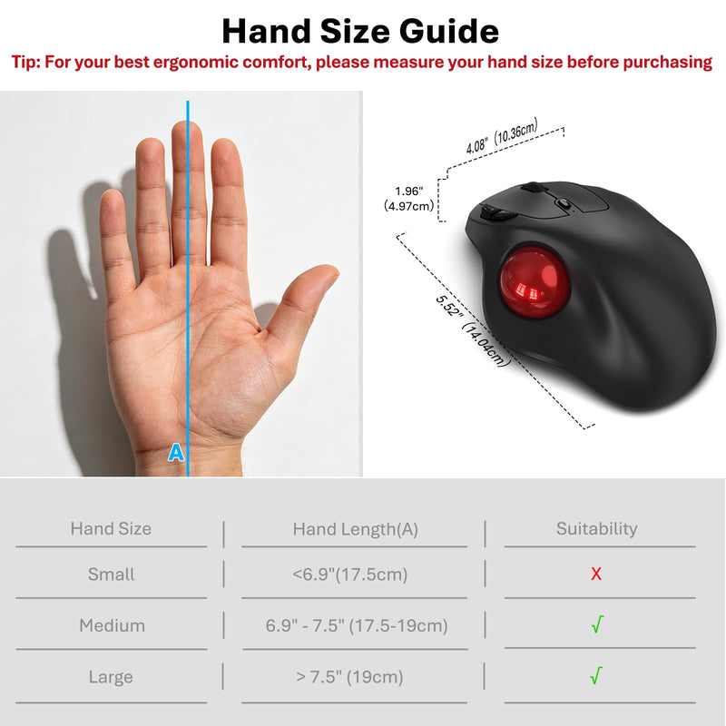 EDJO Wireless Trackball Mouse, Ergonomic Mouse with 30° Tilt, 5 DPI, Red | Thumb control, 3-device Bluetooth/2.4G, up to 160h battery, Type-C rechargeable, stays in place, removable ball, easy cleanup