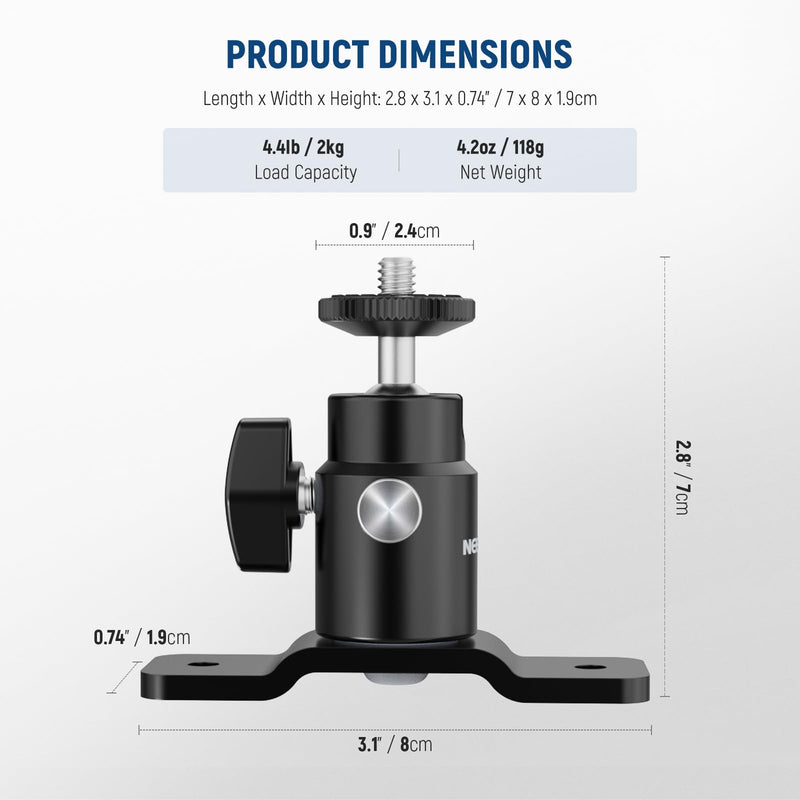 NEEWER 2 Pack T Type Wall Ceiling Mount, Ring Light Wall Mount Bracket with Detachable Ball Head, 5/8" Stud, 1/4" Screw for Flash Strobe Camera Monitor Studio Lighting, Max Load: 4.4lb/2kg, TS008