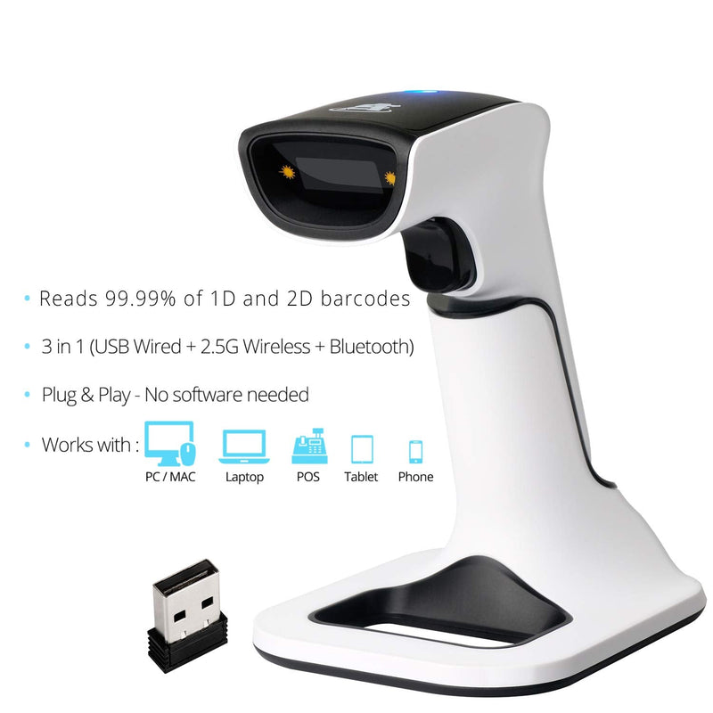 ScanAvenger Wireless Portable 1D&2D with Stand Bluetooth Barcode Scanner: 3-in-1 Handheld Scanner, Rechargeable Battery for Inventory - USB Bar Code/QR Reader (1D&2D with Next Gen Stand) 1D&2D With Next Gen Stand