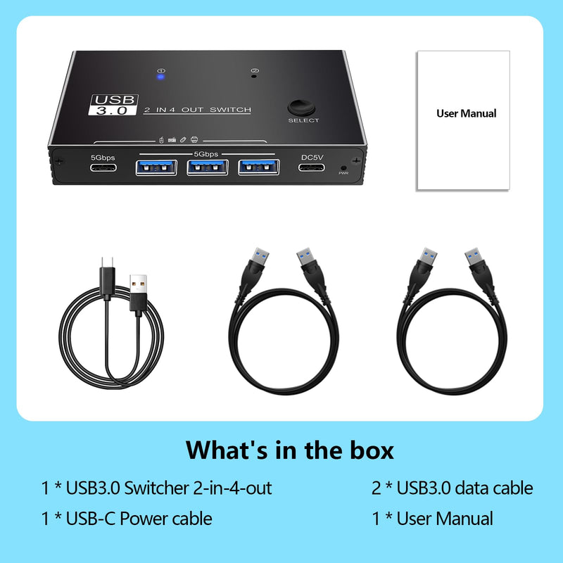 USB Switcher 2 Computers Sharing - 5Gbps USB 3.0 Switch Share 4 Port Devices, Plug and Play, Aluminum USB3.0 Switch Selector 2 PCs Share Keyboard Mouse Printer Scanner with One Button USB 3.0 2in4out