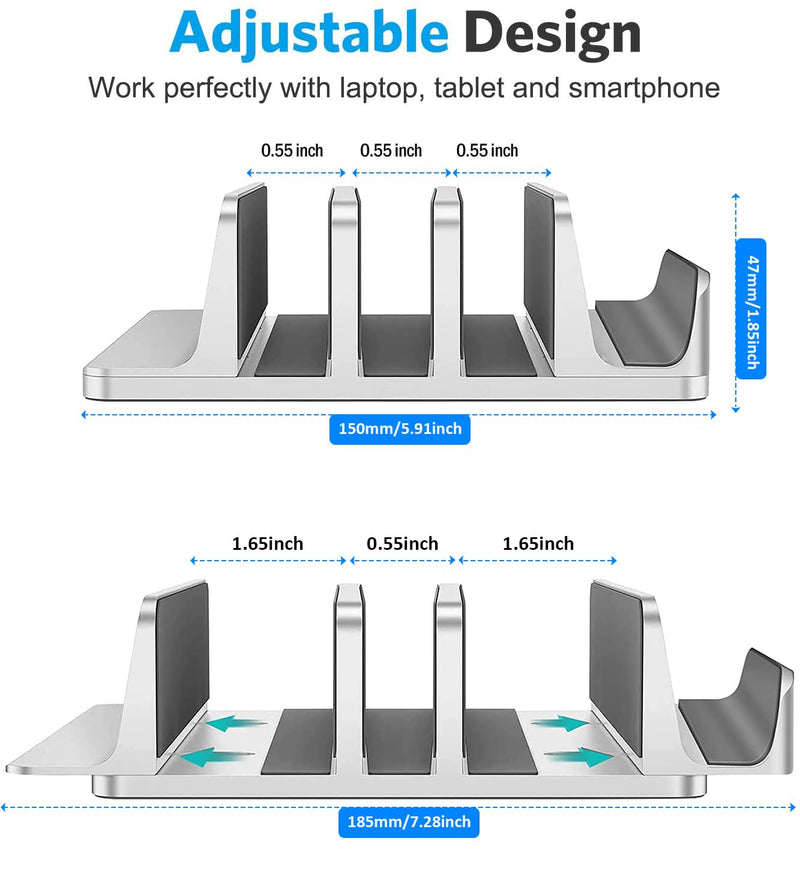 Vertical Laptop Stand [Updated Version],3-Slot Space-Saving Aluminum Desktop Stand Holder with Adjustable Dock Size Compatible for All MacBook/HP/Dell/Surface/Samsung/Chrome Book(Silver)