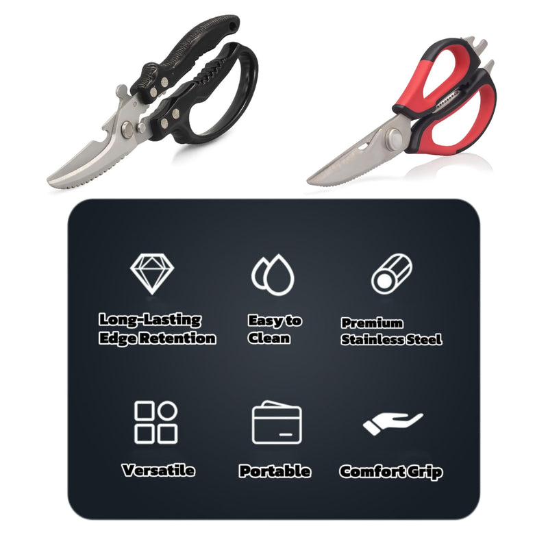 2-Pack Heavy Duty Kitchen Shears - Ultra Sharp All Purpose Food Scissors for Cutting Chicken Bones, Meat & Vegetables, Multi-Function Stainless Steel Cooking Shears (Black & Red) Black & Red