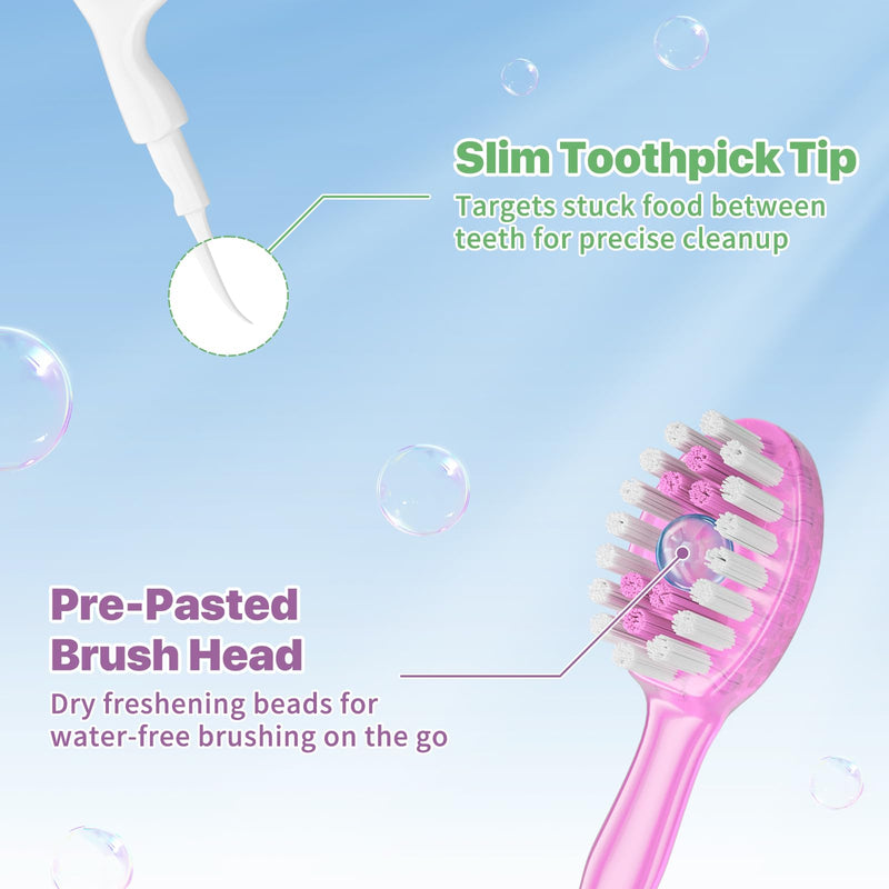 5-in-1 Disposable Toothbrush with Toothpaste (70 Pack), Mini Travel Toothbrushes with Soft Bristles, Dental Floss, Toothpick & Tongue Scraper, No Water Needed, 4 Flavors 70