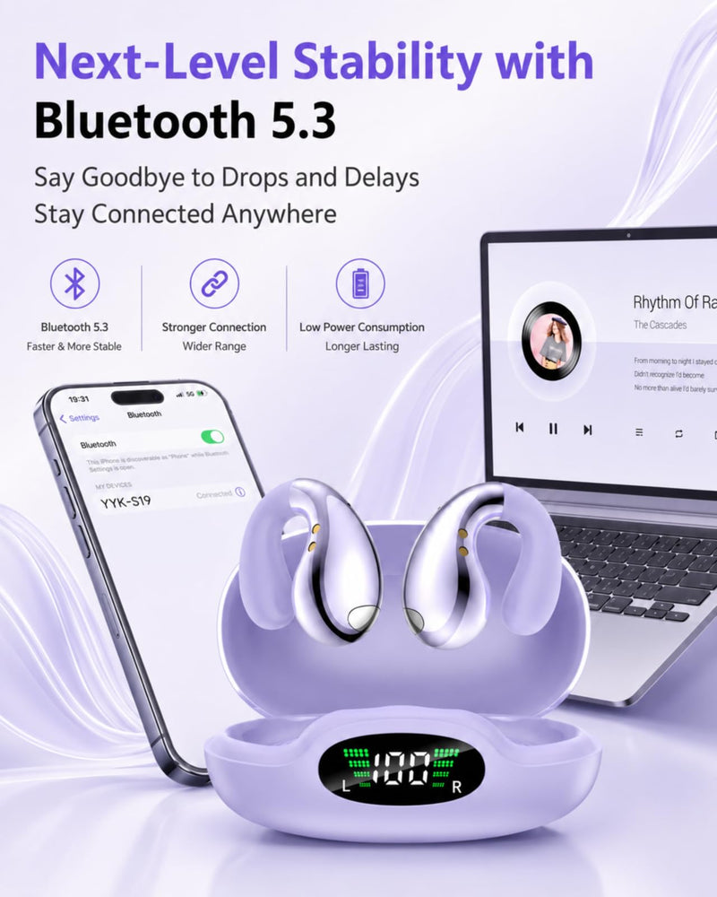 Ultra Open Ear Earbuds - Clip on Earbuds, Open Ear Headphones with Small Lightweight Bone Conduction Design, Comfortable Fit for Running, Gym Workouts and Sports, Aurora Purple