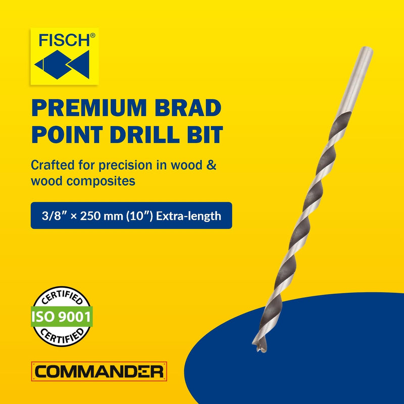 Fisch Premium Brad Point Drill Bit, 3/8" x 250mm, High-Accuracy Woodworking Bit with Beveled Edges for Smooth, Tear-Free Holes, Ideal for Professional & DIY Use, Made in Austria
