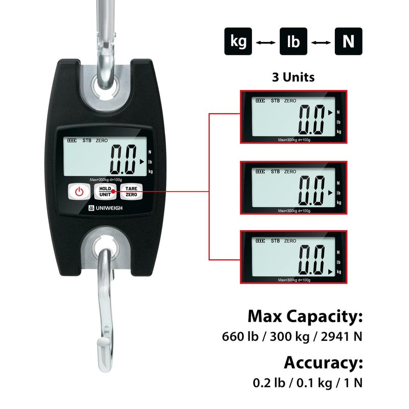 UNIWEIGH Digital Hanging Scale 660lb/300kg Handheld Crane Scales | Industrial Scales with Hooks,Luggage Scales with LCD/Hold/Tare for Weighing,Farm Hunting,Fishing Outdoor,Suitcases(Black)