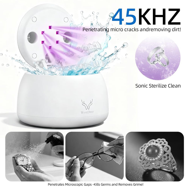 Ultraviolet ultrasonic Cleaner, one-Click Start, 45KHz Portable Cleaner, with Dual-Mode Cleaning Function, Suitable for Jewelry, dentures and Invisible Braces Gray and white