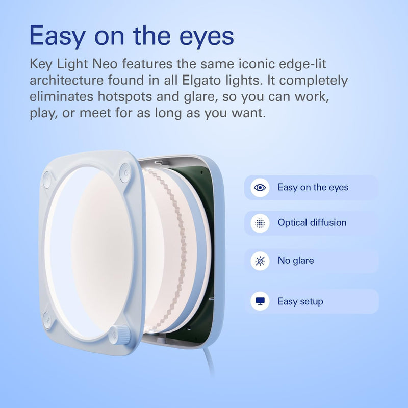 Elgato Key Light Neo – Professional Video Call Light, No Glare, Adjustable Monitor Mount, Manual or Wi-Fi Control, Office/Teams/Zoom/Slack/Twitch/YouTube – Plug-’n-Play on Laptop, PC, Mac (Renewed)